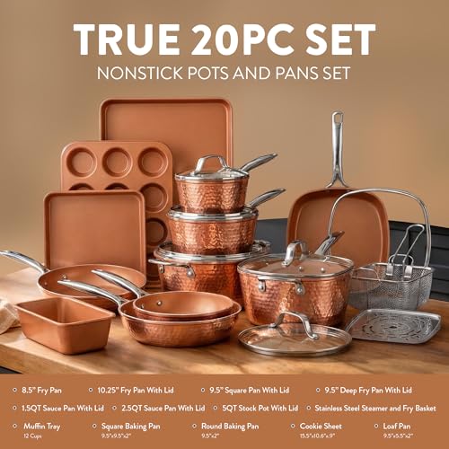 HAMMERED 20 Pc Pots and Pans Set Non Stick Ceramic Cookware
