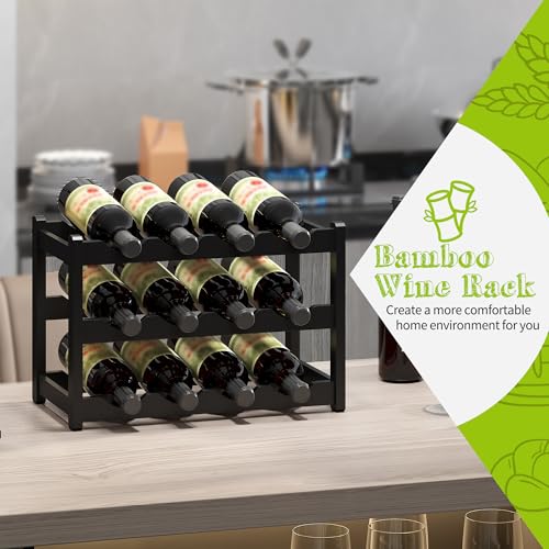 Bamboo Wine Rack Wine Storage Cabinet Shelf 12 Bottle Wine Racks Countertop Sturdy for Kitchen Dining Room Pantry (Black / 3 Tier)