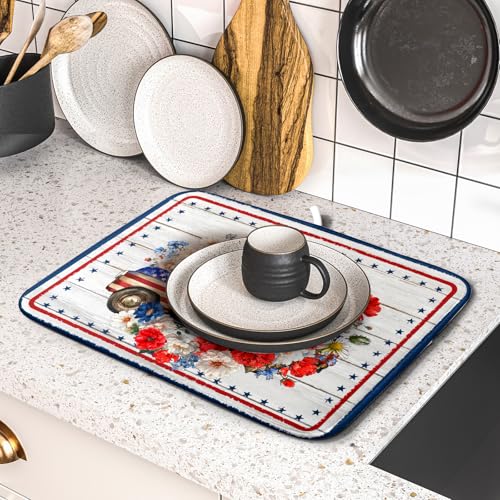 American Flag Dish Drainer Mat Flowers Absorbent Dish Rack Pad for Kitchen Coffee Bar Sinks (Patriotic Truck Blue / 18" x 16")