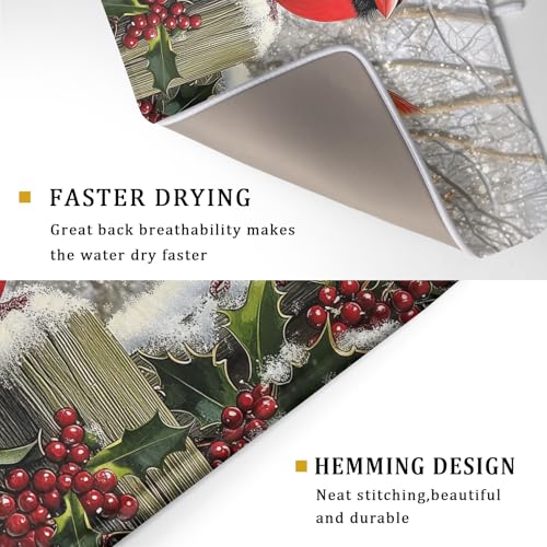Winter Birds Dish Drying Mat Red Berry Dish Drainer Rack Mat Microfiber Absorbent Dish Drying Pad for Kitchen Counter Coffee Bar 18x24 Inch (Winter Red Birds / 24" x 18")