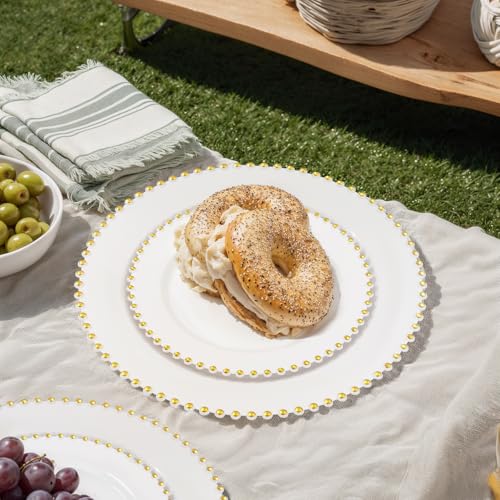 100pcs White Plastic Plates with Gold Beads for Bridal Showers (100 Count)
