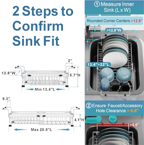 Over Sink Dish Drying Rack (Silver / For 14"-30"W Sink, Expandable | 12.8"W Rack)