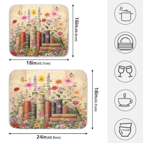 Vintage Books Shelf Dish Drying Mat for Kitchen Counter Absorbent Microfiber Small Drying Pad Dish mats for Kitchen Countertops 16 x 18 Inch (Vintage Books Shelf / 18" x 16")