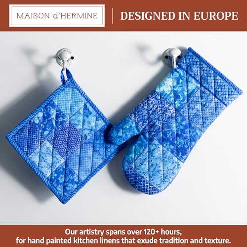 100% Cotton Oven Mitt & Pot Holder Set (027 - Indigo Love / 7.5" x 13" & 8" x 8" (Oven Mitt & Pot Holder))