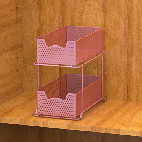 2 Tier Sliding Cabinet Basket Organizer Drawer (Pink / 1-Pack)