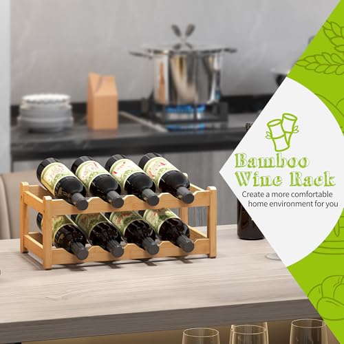 Bamboo Wine Rack Wine Storage Cabinet Shelf 8 Bottle Wine Racks Countertop Sturdy for Kitchen Dining Room Pantry (Natural / 2 Tier)