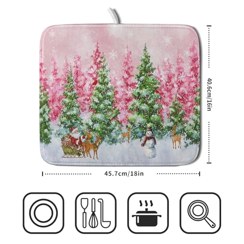 Pink Christmas Dish Drying Mat for Kitchen Counter Absorbent Dish Dry Pad (Winter Forest Colorful / 18" x 16")