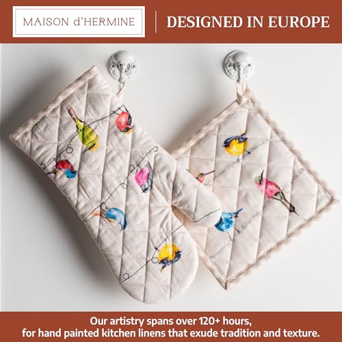 100% Cotton Oven Mitt & Pot Holder Set (003 - Birdies on Wire / 7.5" x 13" & 8" x 8" (Oven Mitt & Pot Holder))