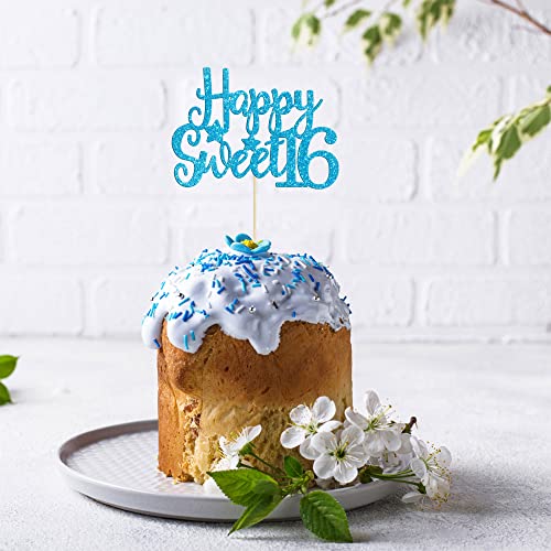 1Pc Happy Sweet 16 Cake Topper Glitter 16th Birthday Cake Pick for Cheers to 16 Years Old 16th Birthday Party Cake Decorations Supplies Light Blue