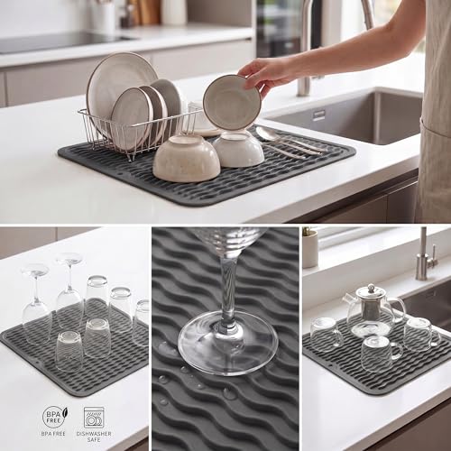 Silicone Dish Drying Mat for Multiple Usage (Gray / 12"L x 12"W)