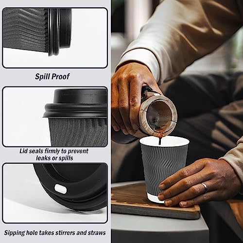 50 Pack 8 oz Insulated Disposable Coffee Cups With Lids (Gray / 8OZ-50Pack)