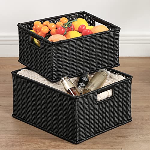 Large Wicker Baskets for Storage (15 x 12.8 x 7.5 inches / Black)