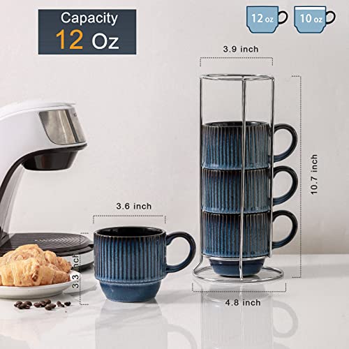 Navy Coffee Mugs Porcelain Set of 4 with Rack (Navy / 12 Ounces)