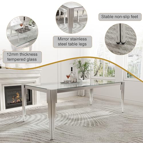 78'' Modern Glass Dining Table for 6 (Silver-clear / Rectangle-78.74" L x 39.37" W x 29.53" H)