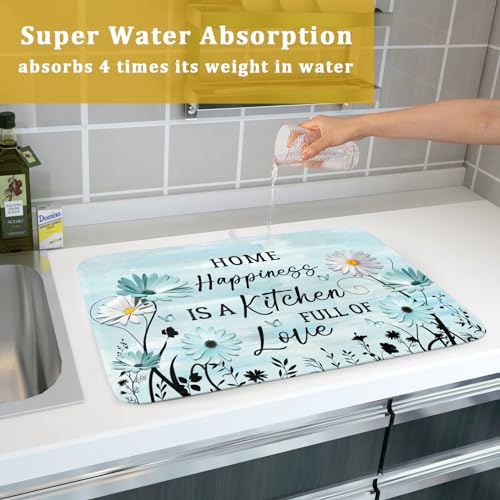Blue Daisy Dish Drying Mat 18x24 Inch Love Kitchen Absorbent Microfiber Washable Fast Drying Pad Dishes Rack Mat for Kitchen Counter (home happiness blue / 18" x 24")