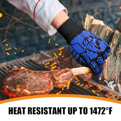 BBQ Gloves 1472°F Heat Resistant with Silicone Grip Oven Mitts (Blue-two / Short (Glove L 11.51" × Palm W 6.33"))