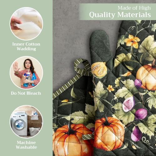 100% Cotton Oven Mitt & Pot Holder Set (026 - Pumpkin Garden - Dark Green / 7.5" x 13" & 8" x 8" (Oven Mitt & Pot Holder))