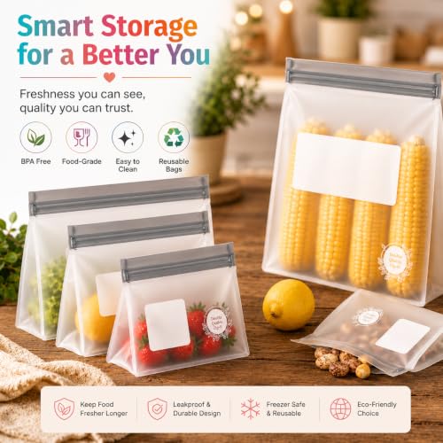 Reusable Food Storage Bags (10 Pack of 5 Large, 5 Medium Bags (Grey))