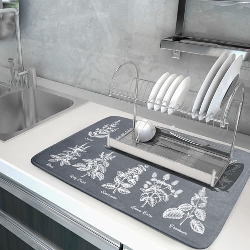 Flower Herbs Dish Drying Mat Wild Plant Dish Rack Mat with Hanging Loop Fast Dry Dish Drainer Pad for Kitchen Counter Sink 18x24 Inch (gray plant collection / 18" x 24")