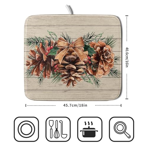 Winter Pine Cone Dish Drying Mat Holly Berries Dish Draining Mat Microfiber Washable Dish Drainer Rack Mat for Home Kitchen Counter 16"x18" (Winter Pine Cone / 16" x 18")