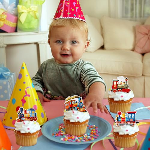 40PCS Edible Retro Train Cupcake Toppers Vintage Locomotiv Cupcake Picks for Retro Train Baby Shower Boys Girls Birthday Cupcake Decorations Traditional Transportation Party Decors (Edible)