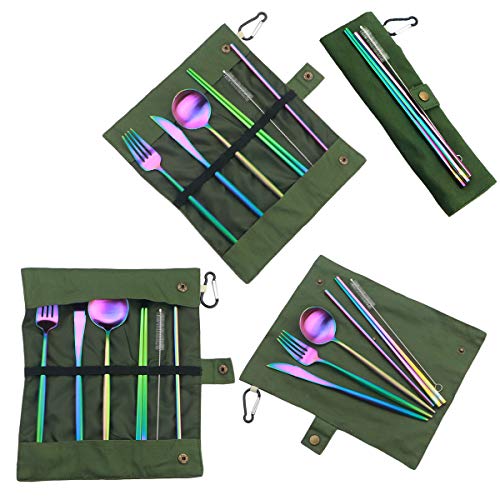 Reusable Travel Utensils (Green Pouch / Rainbow-C)