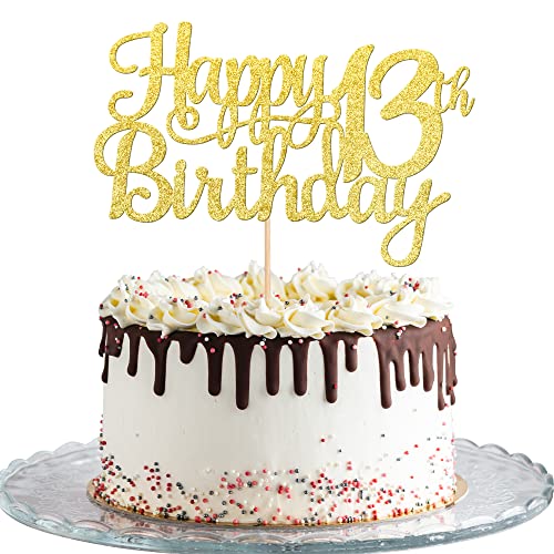 1 PCS Happy 13th Birthday Cake Topper Gold Glitter Cheers to 13 Years Birthday Cake Pick Official Teenager 13 Fabulous Cake Decoration for Happy 13th Birthday Theme Party Decorations Supplies (Gold / 13th)