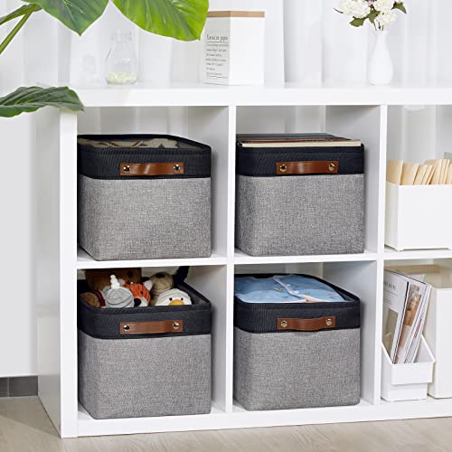 4 Pack Large Canvas Storage Bins with Handles 15"x11"x9.5" Fabric Storage Baskets for Shelves Cloth Bins for Organizing (Black&Grey / L-15"x11"x9.5")