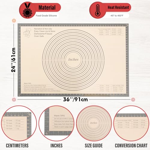 Silicone Pastry Mat 36x24 Inch Extra Large Baking Mat with Measurements (Gray / 36"L x 24"W)