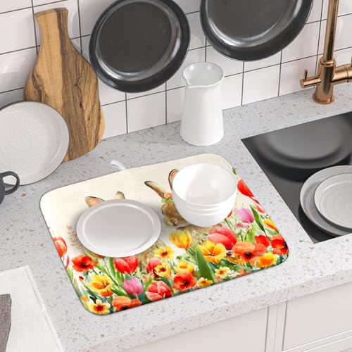 Easter Bunny Dish Drying Mat 16x18 inch Spring Floral Drying Pad Holiday Absorbent Microfiber Dishes Drainer Protector for Kitchen Counter (Bunny Floral / 16" x 18")