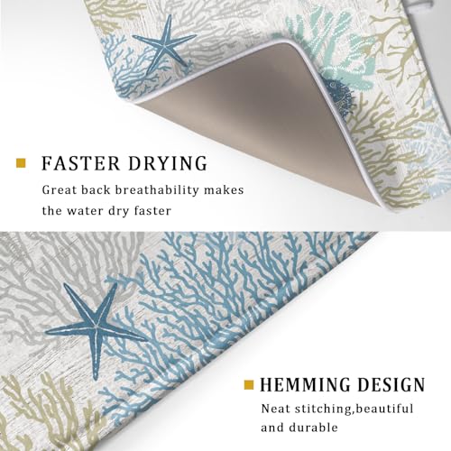 Blue Coral Dish Drying Mat Coastal Starfish Dishes Pad Hanging Drainer Mats Reversible Absorbent Kitchen Counter Protector 18x24 Inch (starfish coral / 18" x 24")