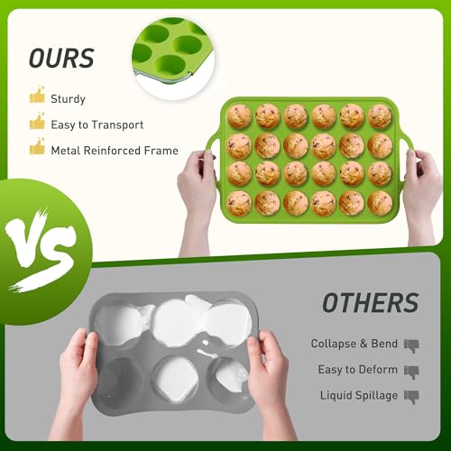 2 Packs 24 Cups Silicone Muffin Pan with Metal Reinforced Frame Mini Size Cupcake Pan Tray Egg Bites Silicone Circle Cookie Molds Muffin Tin Tart Pans Baking Sheet Set for Breakfast Sandwiches (2pc: 24-Cup Mini / Green)