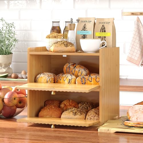 Rustic Bread Box for Kitchen Countertop Bamboo Bread Storage Container Bin Double Layer BreadBox Farmhouse Large Capacity Food Organizer (Natural Bamboo)
