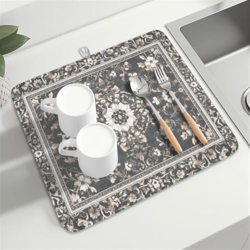 Boho Floral Dish Drying Mat Grey Leaves Dishes Drainer Pad 16x18 Inch Microfiber Absorbent Kitchen Dry Rack Mat for Counter Tableware Decor (Grey Boho Floral / 16x18 inch)