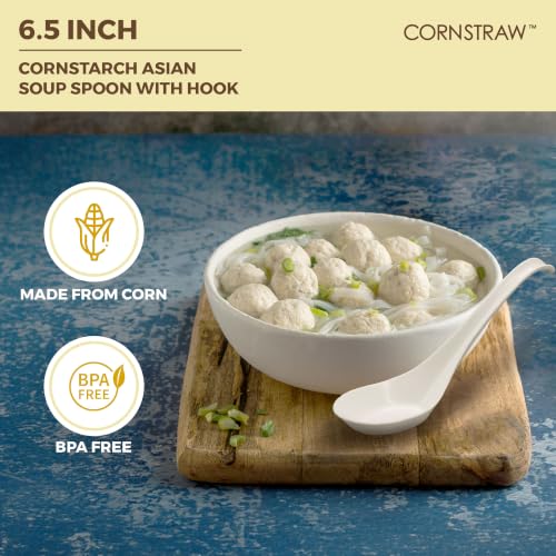 Disposable PLA Cornstarch Asian Soup Spoons with Hook Plastic (6.5 inch)