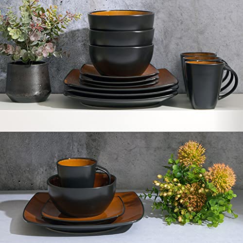 Soho Lounge Square Reactive Glaze Stoneware Dinnerware Set (Service for 4 (16pcs) / Amber (Soho Lounge))
