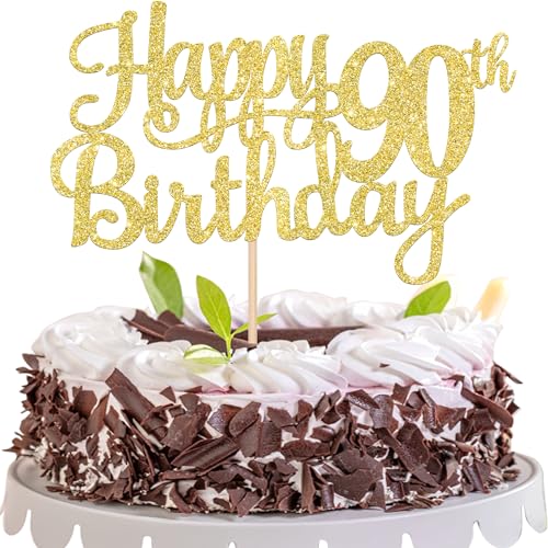 1 PCS Happy 90th Birthday Cake Topper Gold Glitter Cheers to 90 Years Birthday Cake Pick 90 Fabulous Cake Decoration for Happy 90th Birthday Theme Party Decorations Supplies (Gold / 90th)