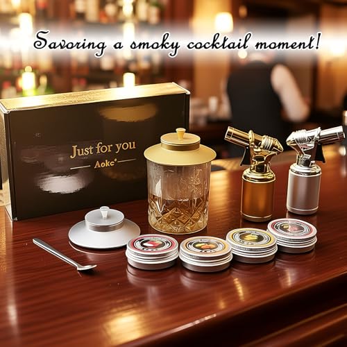 Gold Cocktail Smoker Kit with Torch Metal Old Fashioned Drink Bourbon Whiskey Smoker Kits (Gold with Torch)