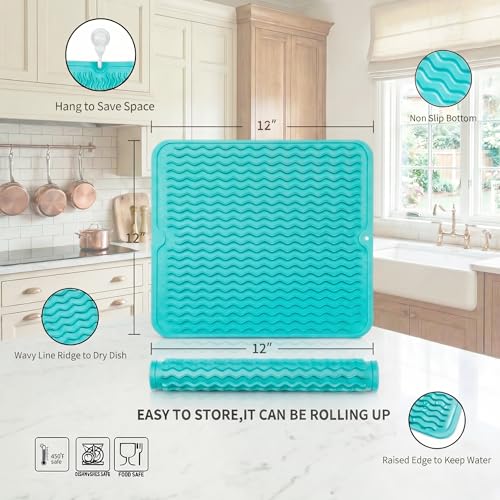 Silicone Dish Drying Mat for Multiple Usage (Mint / 12"L x 12"W)