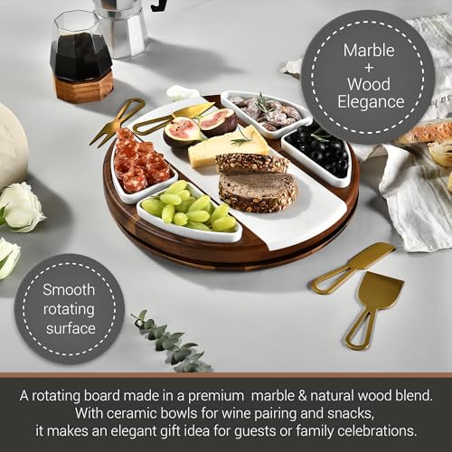 Acacia Wood Lazy Susan Cheese Board Set (Round 13" Marble with Engraving)