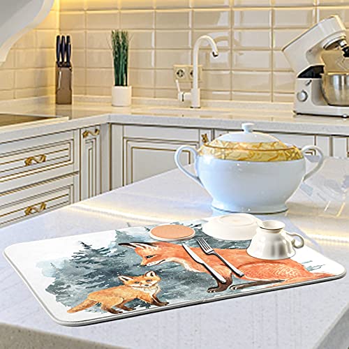 Super Absorbent Dish Drying Mat (Cute Fox Winter Christmas / 16" x 18")