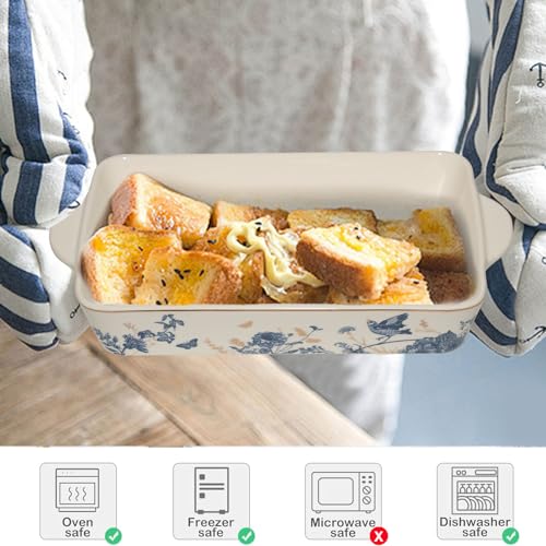 Baking Pans Set of 2 Blue flower 14 inch Ceramic for Oven Large Casserole Baking Dish Set with Handles Porcelain Bakeware Sets Casserole Dish for Oven