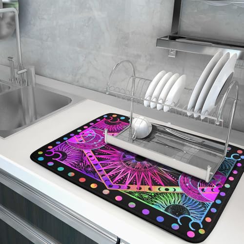 Colorful Microfiber Dish Drying Mat for Kitchen Counter 18 X 24 in Moon Decoration Dishes Pad Coffee Mats (Colorful Moon / 24" x 18")