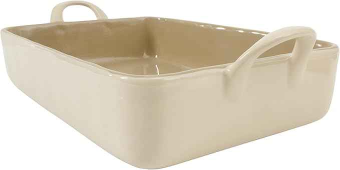 Bloomhouse 3-Piece 4.8-Quart 9 X 13 Ceramic Bakeware Set with Olive Wood Tools – Linen/Taupe Baking Dish with Handles, Oven Safe, Durable Stoneware for Casseroles, Roasting & Serving