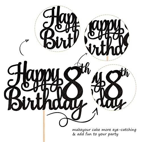 1 PCS Happy 8th Birthday Cake Topper Glitter Cheers to 8 Years Cake Pick Number 8 Fabulous Cake Decoration for 8th Birthday Theme Party Decorations Supplies Black (Black / 8th)