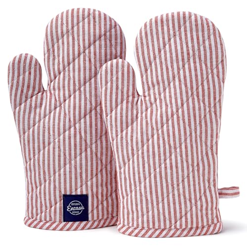 Oven Mitts Heat Resistant Kitchen Gloves (Oven Gloves / Ticking Red)