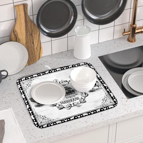 Farm Animal Dish Drying Mat 16x18 Inch Welcome to Our Farmhouse Microfiber Dish Drainer Pads Absorbent Fast Dry Kitchen Accessories (farm animal / 16" x 18")