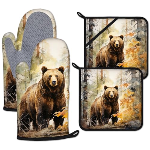 Watercolor Brown Bear Oven Mitts and Pot Holders Sets Heat Resistant 4Pcs Autumn Forest Animal Potholders Oven Gloves Hot Pads for Kitchen Baking Cooking Grilling BBQ (Watercolor Brown Bear Autumn Forest)