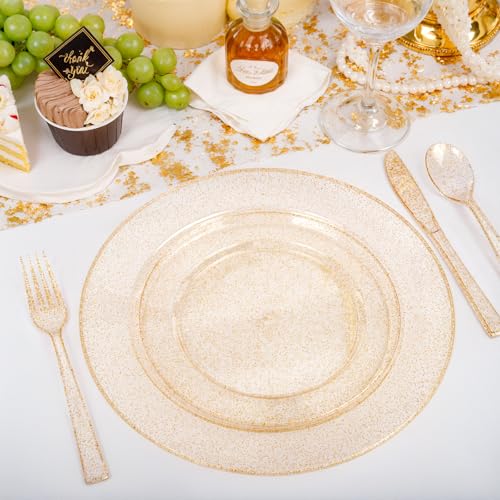 200 Pcs Gold Glitter Plastic Plates (Gold Glitter / 200 Pcs)