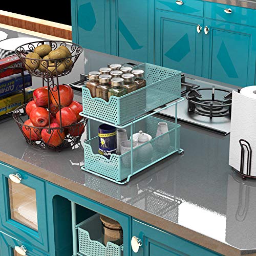 2 Tier Sliding Cabinet Basket Organizer Drawer (Turquoise / 1-Pack)